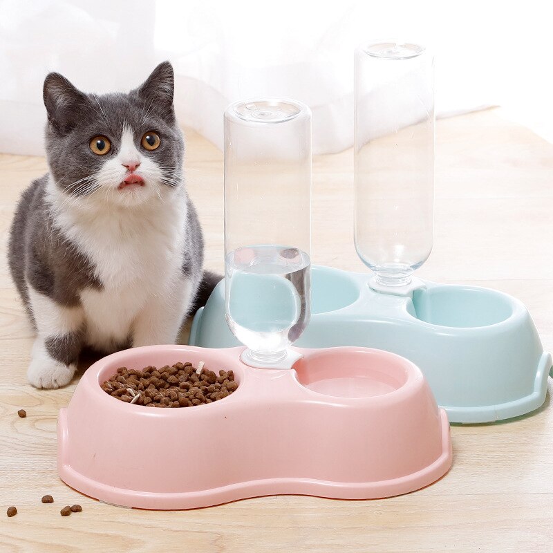 Pet Double Bowls Dog Cat Automatic Feeder with Water Fountain Food Container