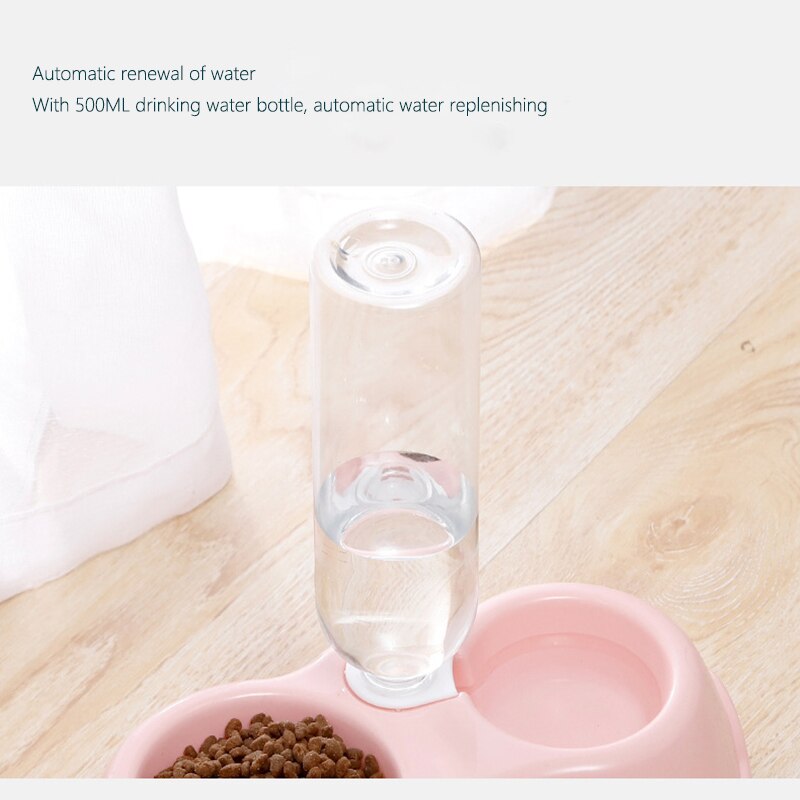 Pet Double Bowls Dog Cat Automatic Feeder with Water Fountain Food Container