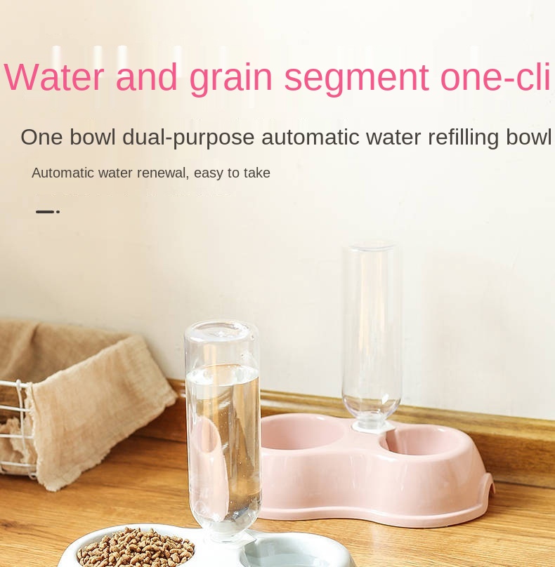 Pet Double Bowls Dog Cat Automatic Feeder with Water Fountain Food Container