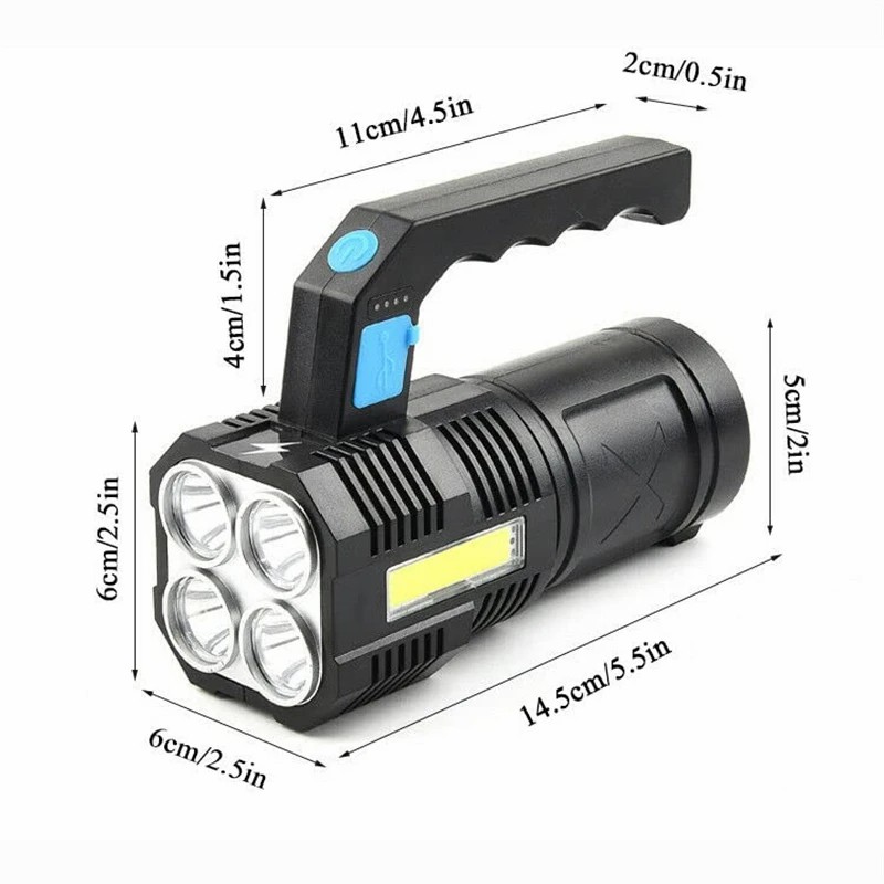 4 Core Portable LED Flashlight USB Rechargeable Light Waterproof COB Flashlight