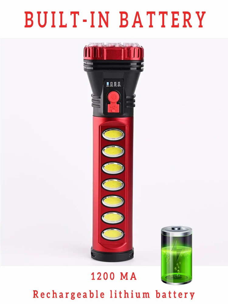 USB Solar Charging Flashlight Rechargeable Built-in Battery Torch with Side COB Emergency Light