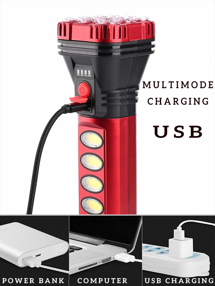 USB Solar Charging Flashlight Rechargeable Built-in Battery Torch with Side COB Emergency Light