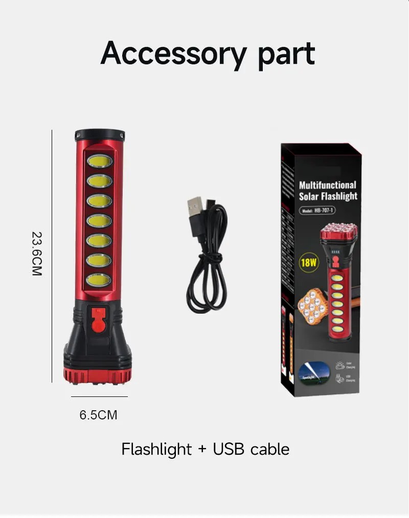 USB Solar Charging Flashlight Rechargeable Built-in Battery Torch with Side COB Emergency Light