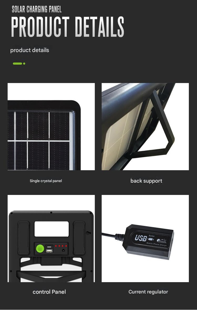 15W 6V USB mobile phone charging portable monocrystalline silicon solar panel LED with 1200mAh battery