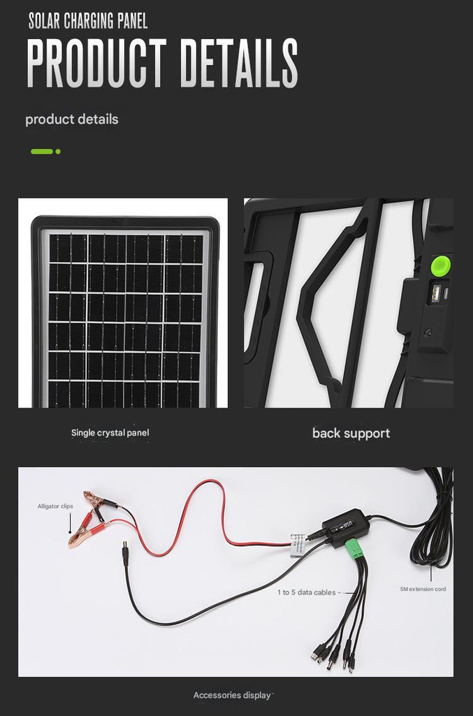 20W 6/9/16V USB mobile phone charging portable monocrystalline silicon solar panel LED with 2400mAh battery