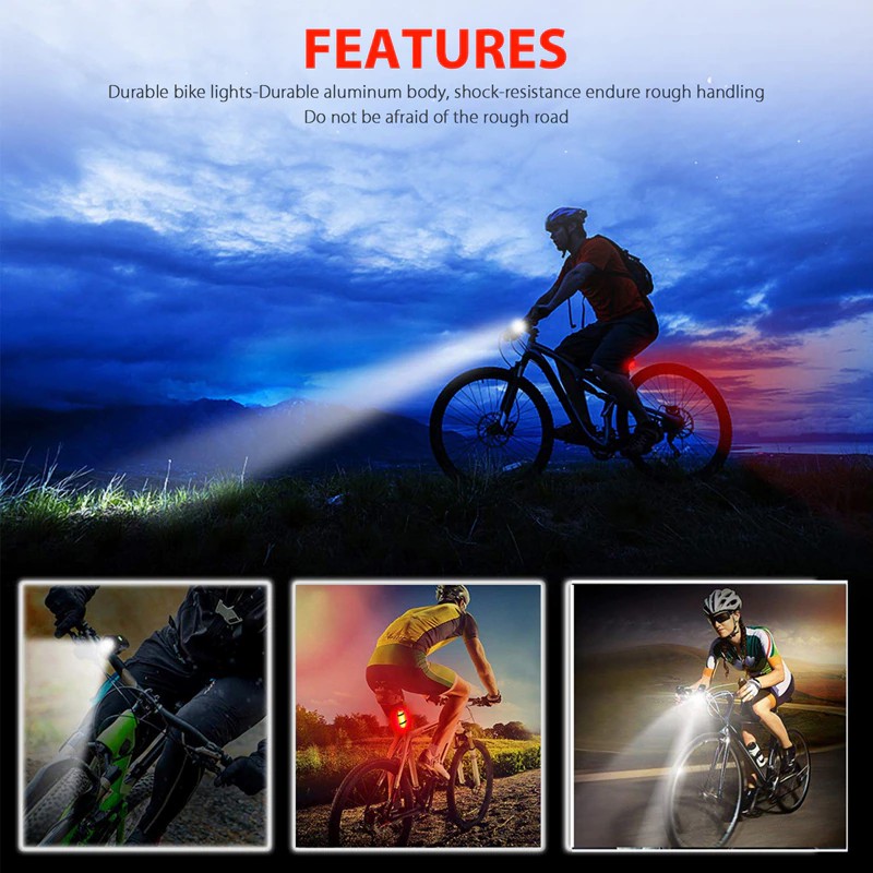 USB Rechargeable Bike Light Set Front Light with Taillight Easy to Install 3 Modes Bicycle Accessories
