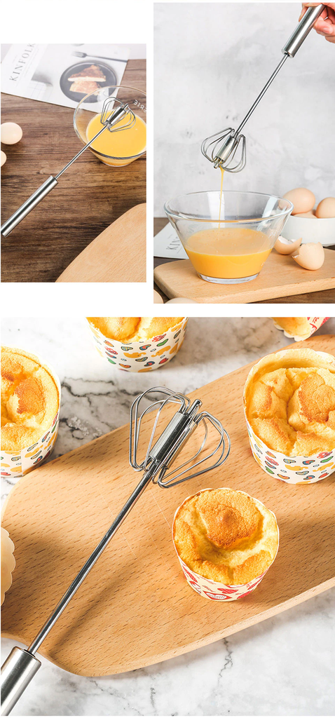 Hand-pressed Rotary Egg Beater Mixer Stainless Steel 12'' Semi-automatic Whisk Blender Bar for Stirring Egg Cream Kitchen Tools
