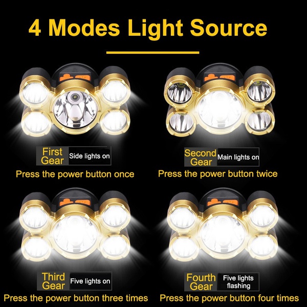 5-Head Headlight Super Bright Rechargeable headlamp