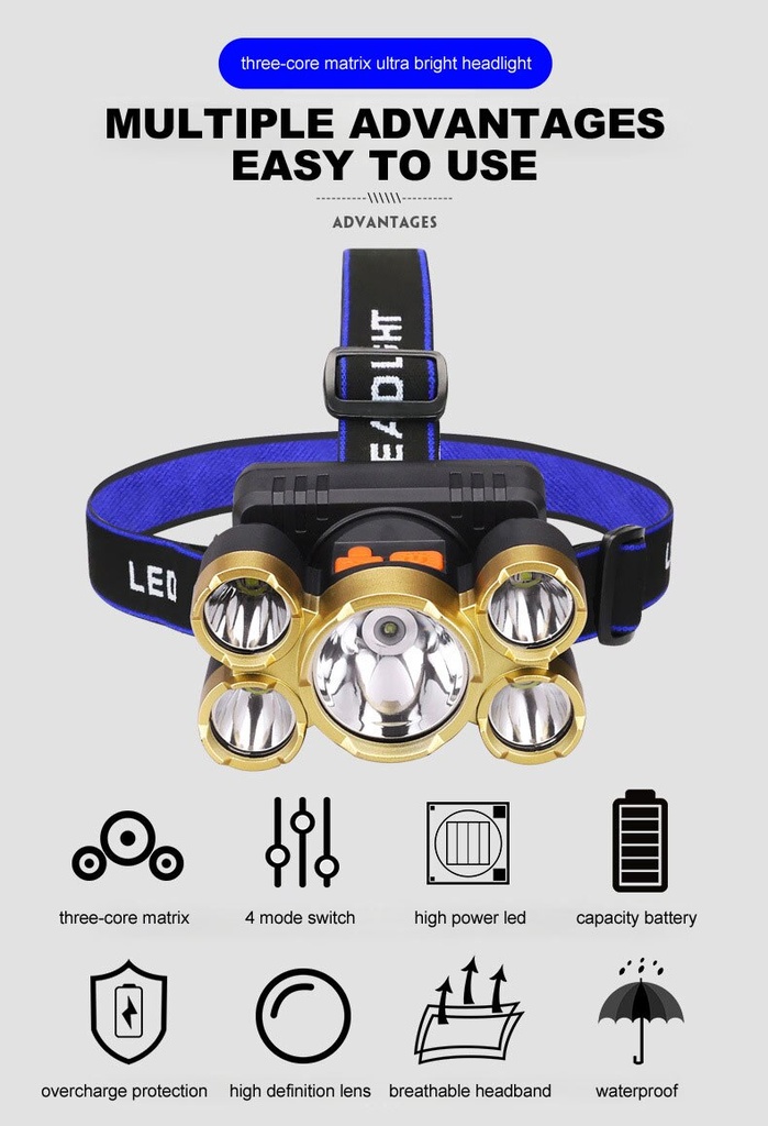 5-Head Headlight Super Bright Rechargeable headlamp