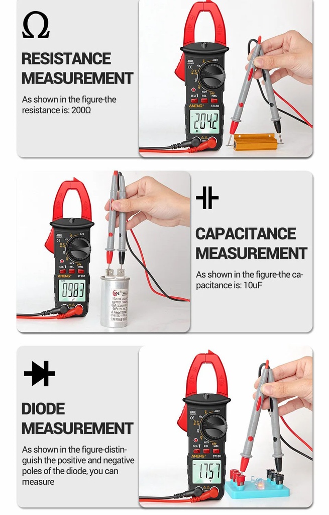 ANENG ST180 4000 Counts Digital Clamp Meter AC Current Multimeter Ammeter Voltage Tester Car Amp Hz Capacitance NCV Ohm Tool