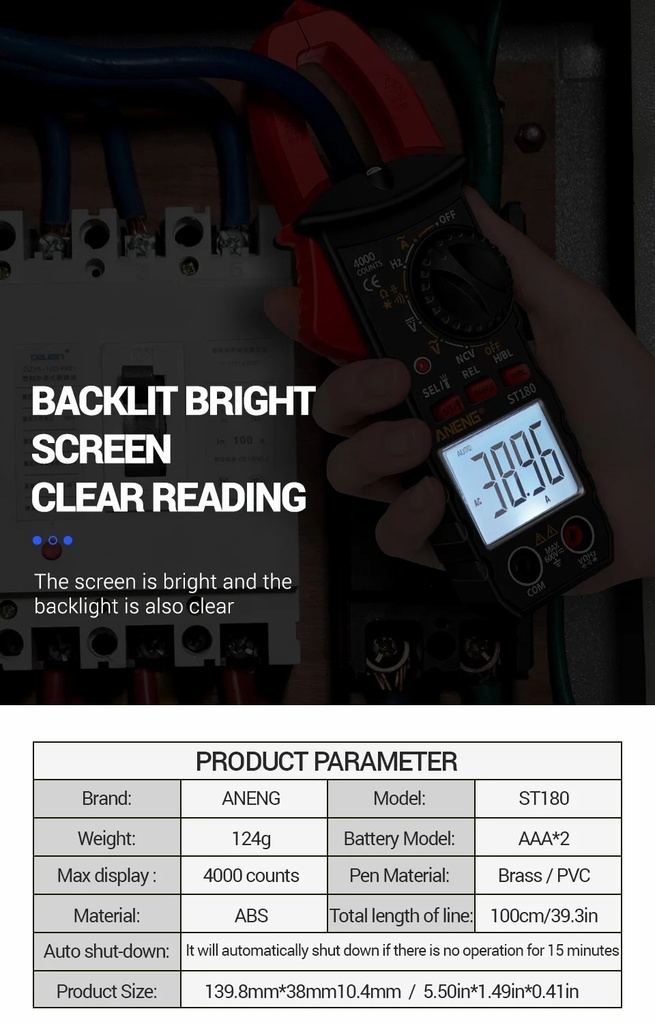 ANENG ST180 4000 Counts Digital Clamp Meter AC Current Multimeter Ammeter Voltage Tester Car Amp Hz Capacitance NCV Ohm Tool