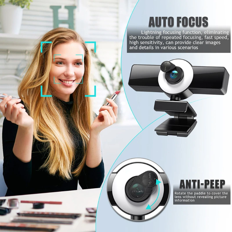 1080P Autofocus Web Camera With Microphone USB Led Fill Light Mini Cam