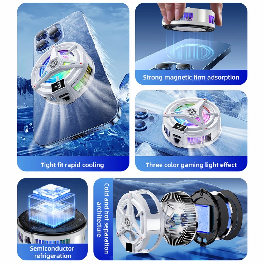 TL07 Semiconductor Phone Cooler 5V3A Powerful Cooling Magnetic & Clip 2-in-1 Digital Display