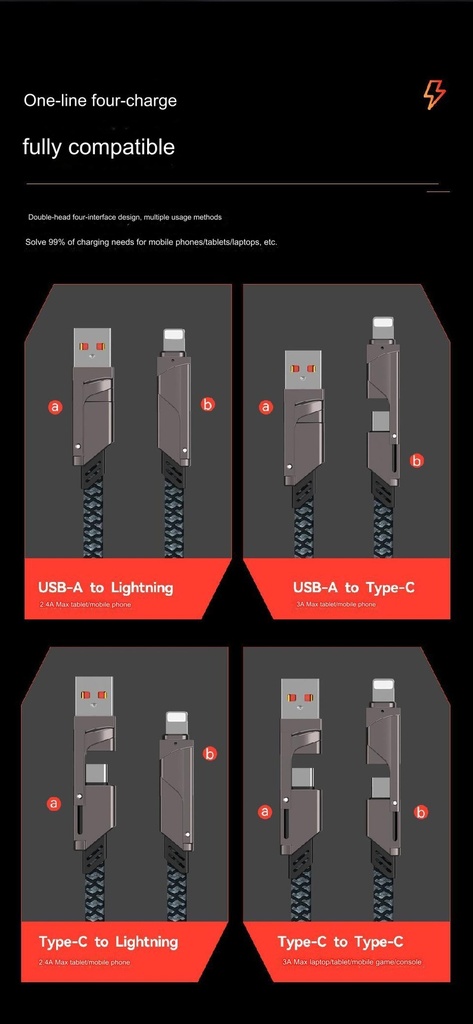 Four-in-one data cable two-to-two PD 100W fast charging cable zinc alloy braided charging cable
