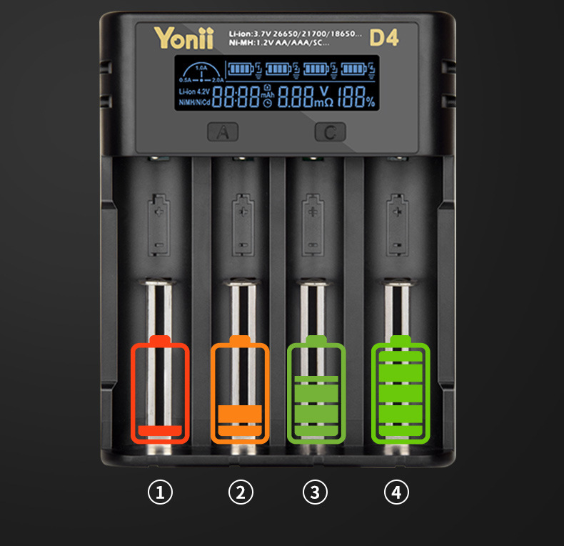 4 Slots Lithium Battery USB Smart Battery Charger Li-ion MH/Ni CD AAAA AAA AA A SC C F6 Batteries Universal Charger LCD Display