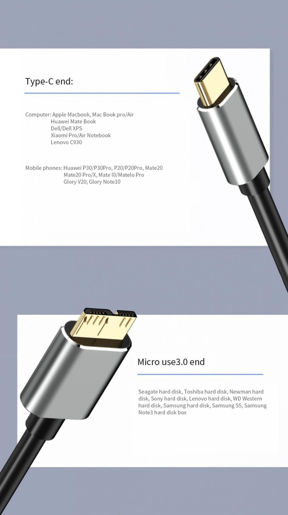 Micro B USB C 3.0 Cable Type-C to USB 3.0 Micro B Connector 5Gbps Cable