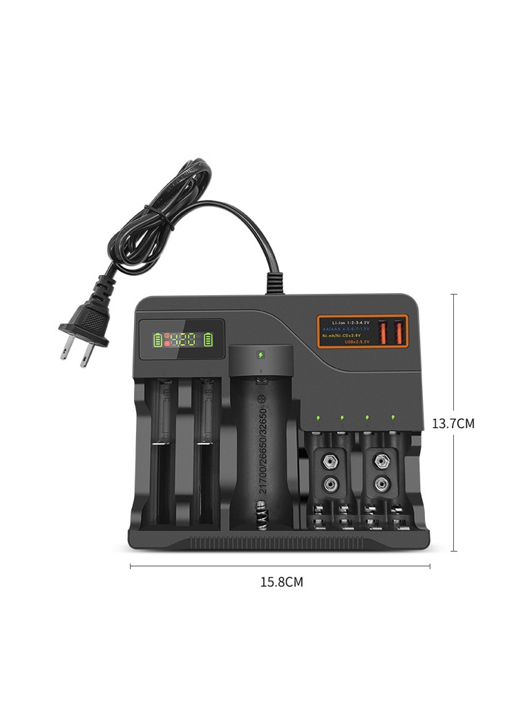 Intelligent multi-slot 3.7V 4.2V lithium battery charger 18650, 26650, 21700, 32650, 14500, 16340,  AA, AAA 9v battery charger
