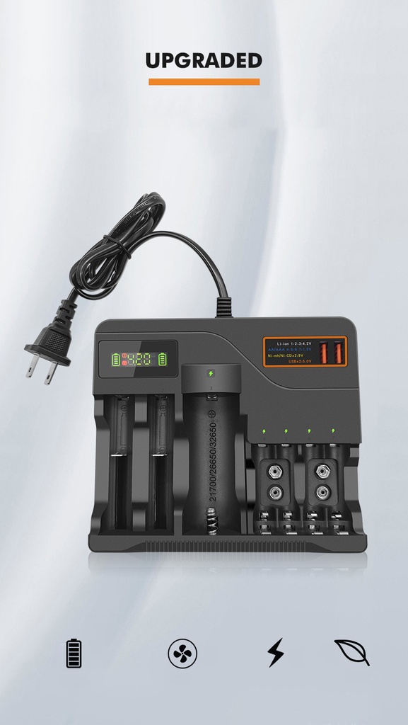 Intelligent multi-slot 3.7V 4.2V lithium battery charger 18650, 26650, 21700, 32650, 14500, 16340,  AA, AAA 9v battery charger