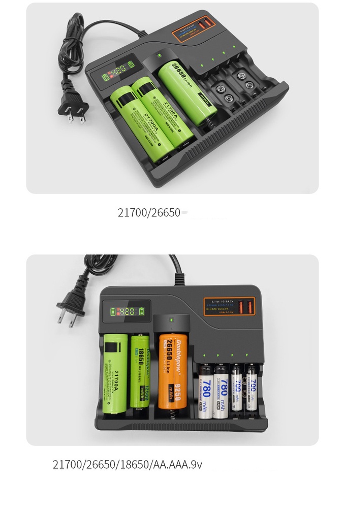 Intelligent multi-slot 3.7V 4.2V lithium battery charger 18650, 26650, 21700, 32650, 14500, 16340,  AA, AAA 9v battery charger