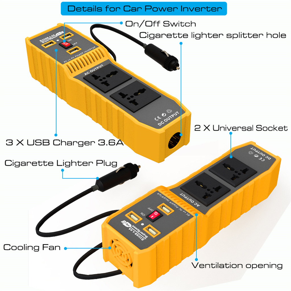 12V To 220V 200W Modified Sine Wave Inverter On Board Conversion Intelligent Three USB 4.2A Fast Charging Double Sockets