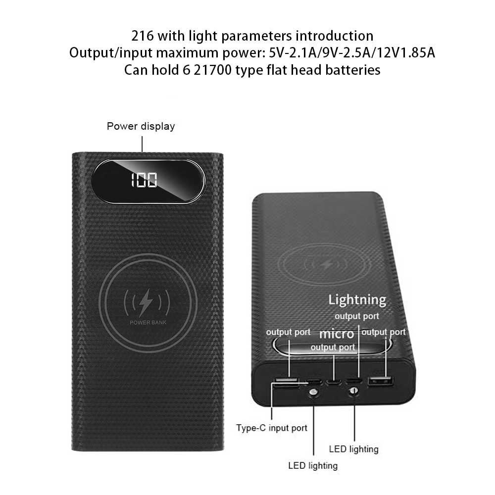 DIY 6x21700 QC3.0 Wireless Fast Charging Dual USB Type C Charge Battery Power Bank Case (no batteries)