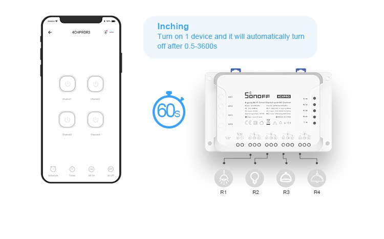 Sonoff 4CH Pro R3 10A /Gang 4 Channel Wifi Smart Switch 433 MHZ RF Remote Wifi Lights Switch Supports 4 Devices Works with Alexa