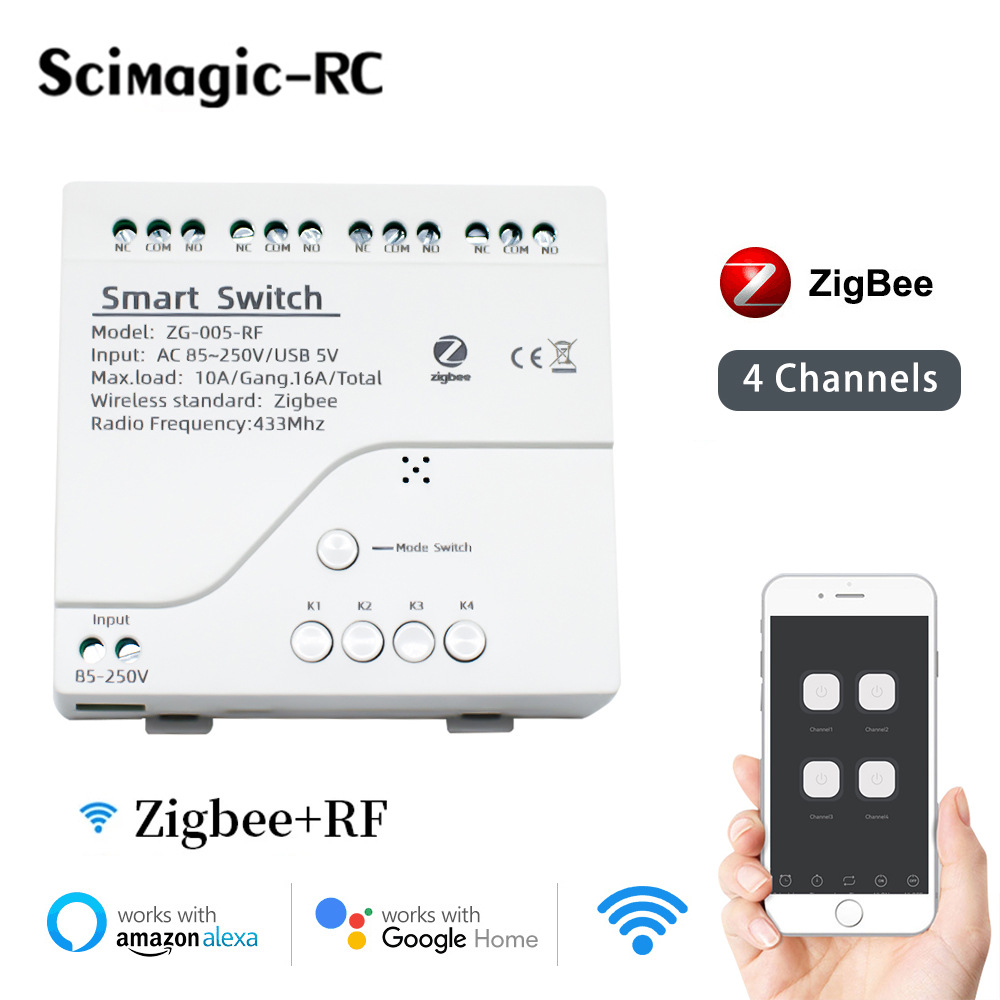 Tuya Zigbee Relay 4CH Smart Home Switch Module APP Remote Control Wireless RF 433 4 Channel Relay For Zigbee Gateway Hub