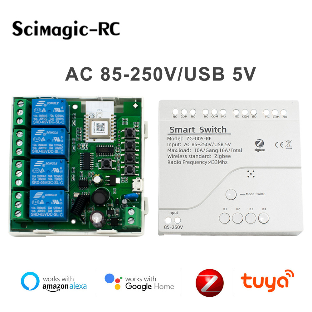 Tuya Zigbee Relay 4CH Smart Home Switch Module APP Remote Control Wireless RF 433 4 Channel Relay For Zigbee Gateway Hub