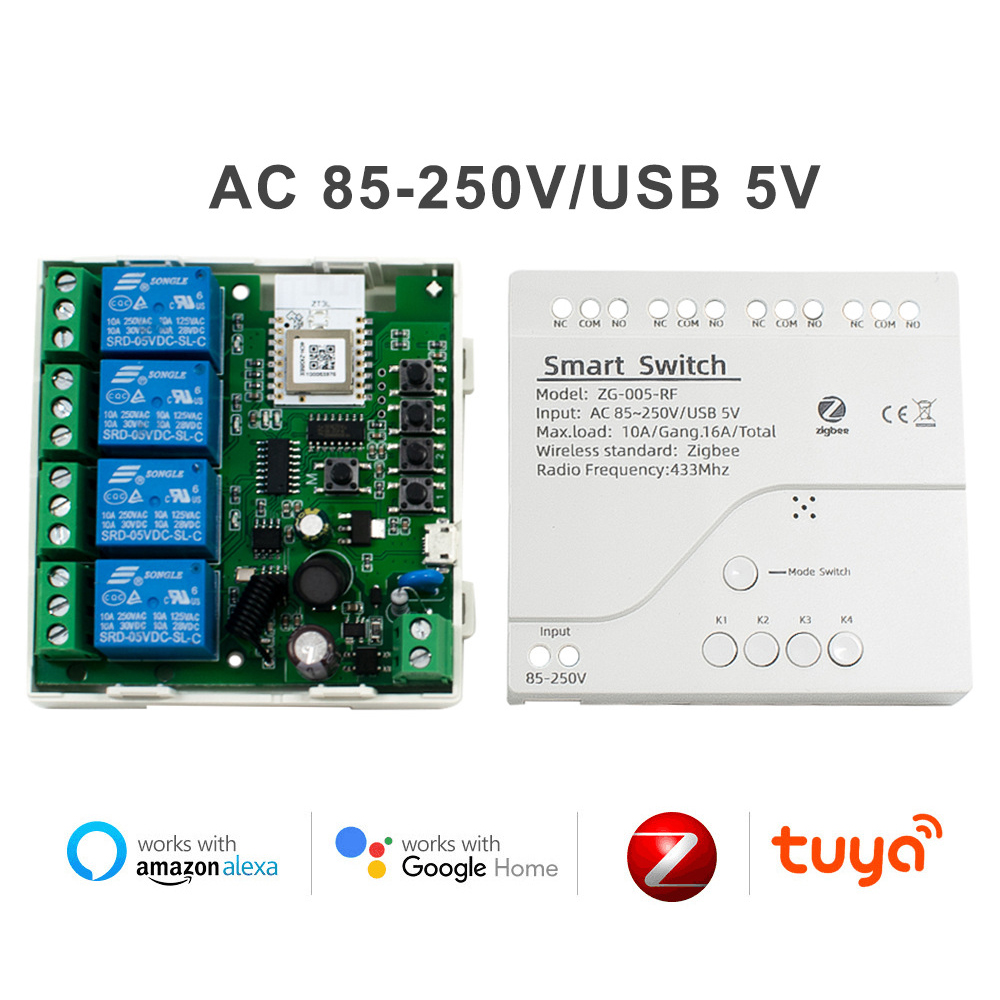 Tuya Zigbee Relay 4CH Smart Home Switch Module APP Remote Control Wireless RF 433 4 Channel Relay For Zigbee Gateway Hub