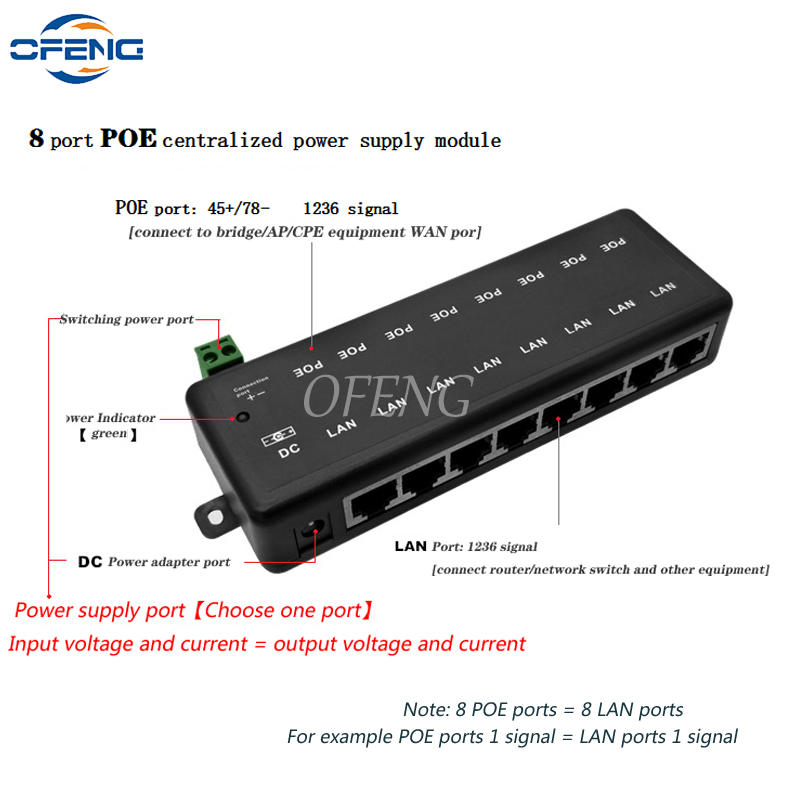 POE Injector 8 Ports POE Splitter 12V- 48V for CCTV Network POE Camera Power Supply Switch Over Ethernet IEEE802.3af