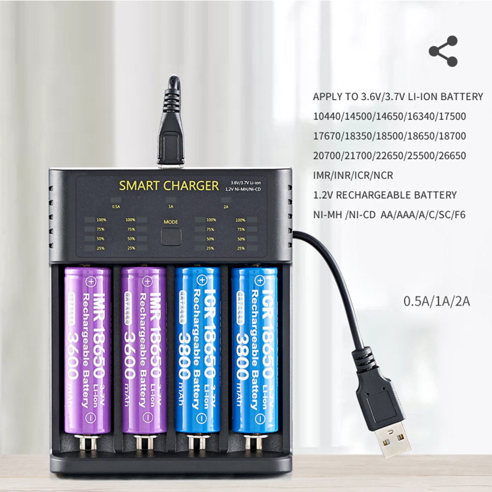 1.2V Rechargeable Battery Charger AA AAA NiMH Ni-CD Batteries 3.7V 18650 Li-ion Battery Charger 4 Slot Smart Battery Charger