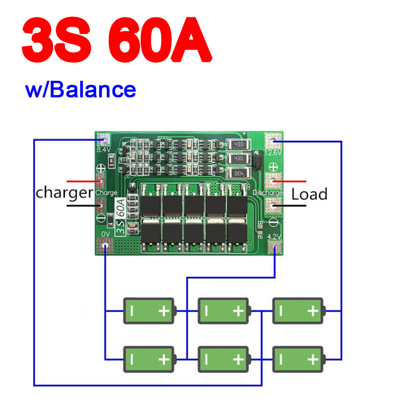 3S 60A BMS Board 11.1V 12.6V 18650 Li-Ion Lithium Battery Protection Board with Balance