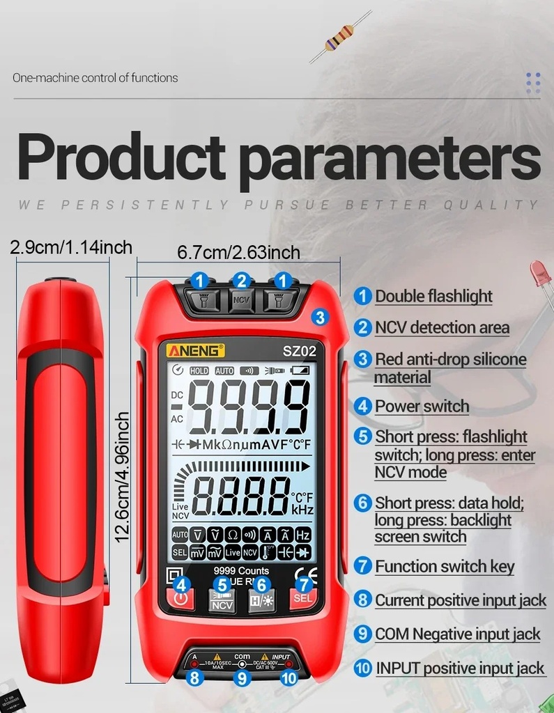 ANENG SZ02 Digital Multimeter Capacitance 9999 Counts NCV AC/DC Current Voltage Intelligent Anti-burn Auto Range Testers Tools