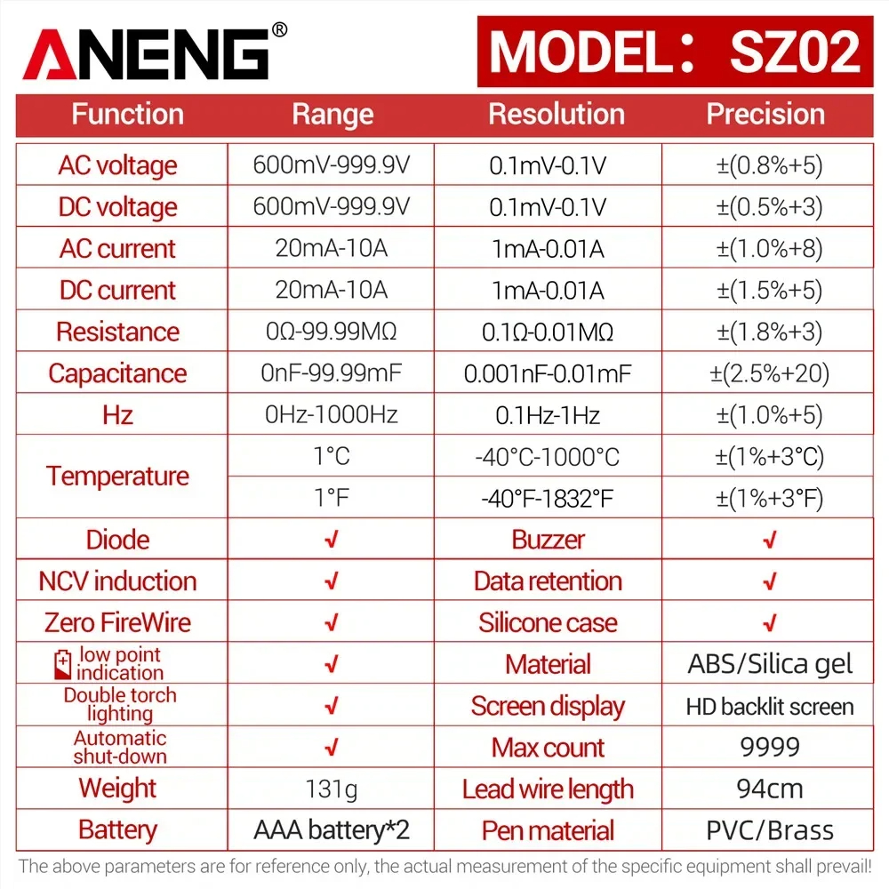 ANENG SZ02 Digital Multimeter Capacitance 9999 Counts NCV AC/DC Current Voltage Intelligent Anti-burn Auto Range Testers Tools