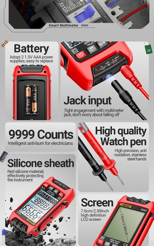 ANENG SZ02 Digital Multimeter Capacitance 9999 Counts NCV AC/DC Current Voltage Intelligent Anti-burn Auto Range Testers Tools