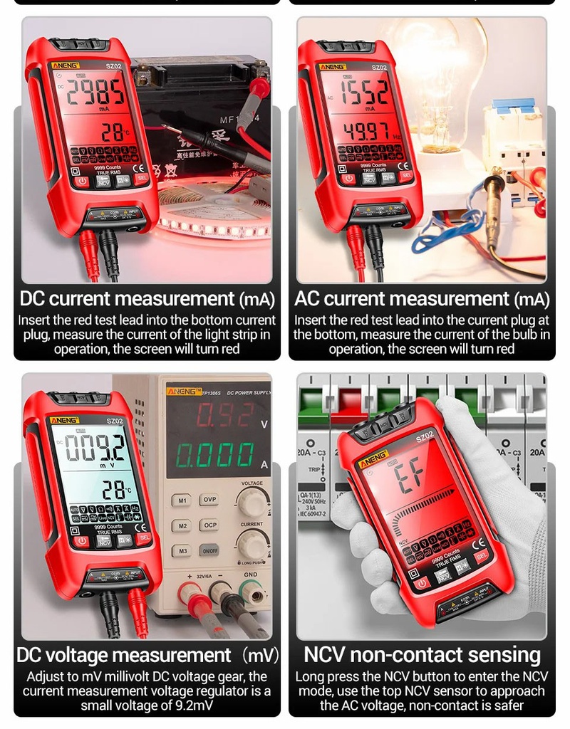 ANENG SZ02 Digital Multimeter Capacitance 9999 Counts NCV AC/DC Current Voltage Intelligent Anti-burn Auto Range Testers Tools