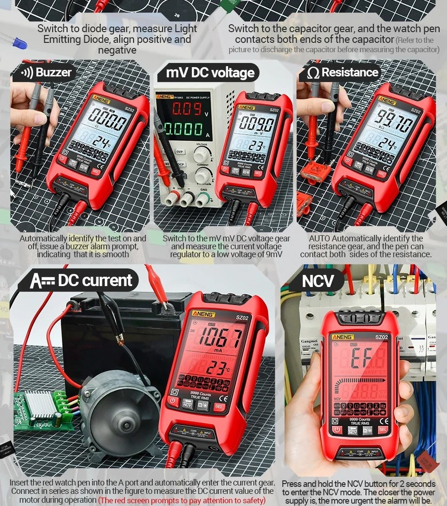 ANENG SZ02 Digital Multimeter Capacitance 9999 Counts NCV AC/DC Current Voltage Intelligent Anti-burn Auto Range Testers Tools