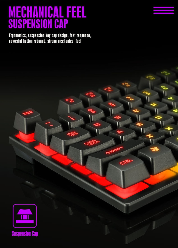 T-Wolf TF200 cool backlit mechanical feel suspension keycap gaming keyboard and mouse set