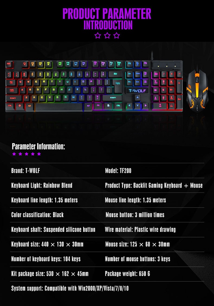T-Wolf TF200 cool backlit mechanical feel suspension keycap gaming keyboard and mouse set