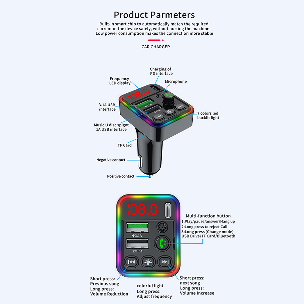 F19 car mp3 Bluetooth player hands-free call U disk lossless sound quality 12V/24V car FM transmitter