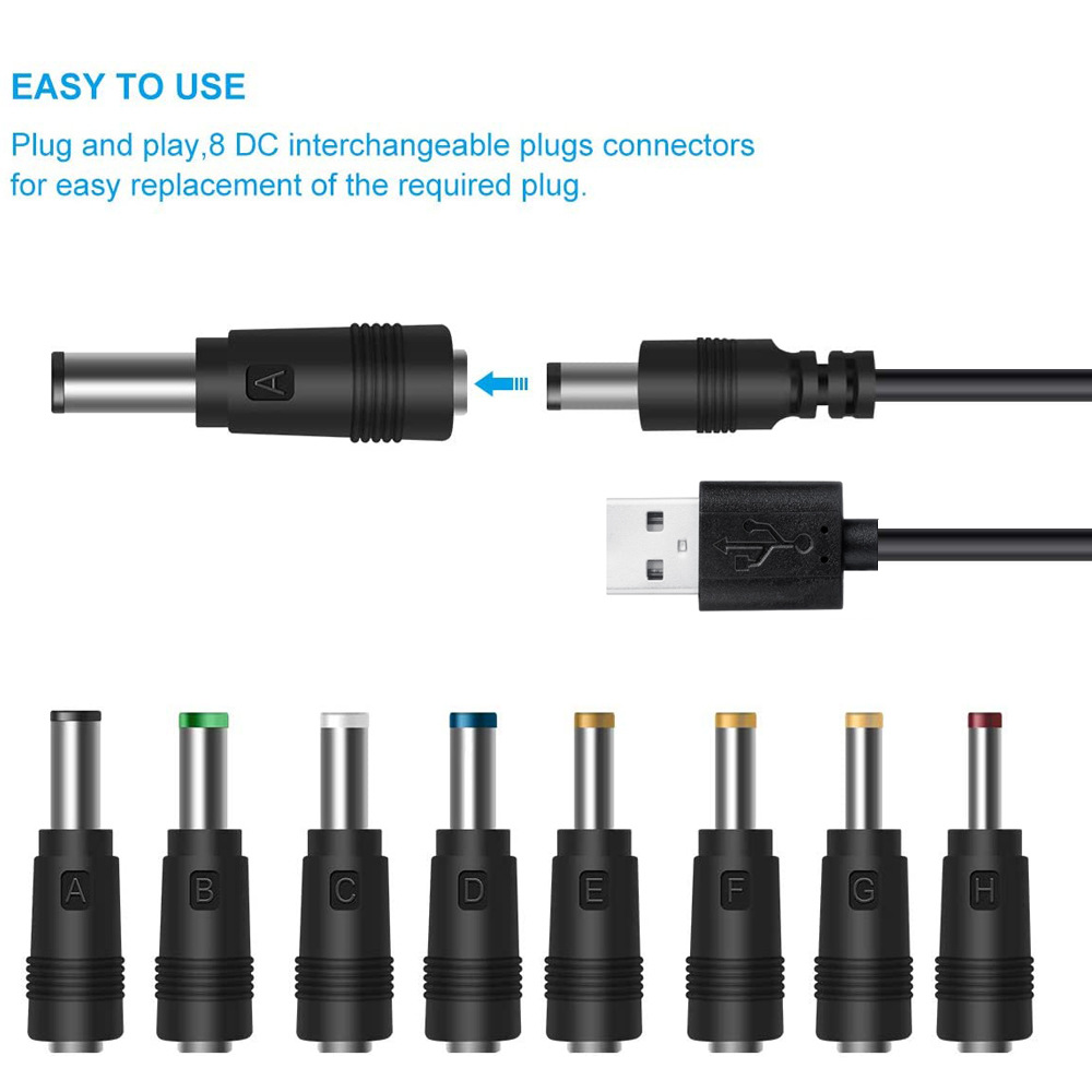 11 in 1 Universal 5V USB to DC Jack Charging Cable Power Cord with 11 Interchangeable Plugs Connectors Adapter