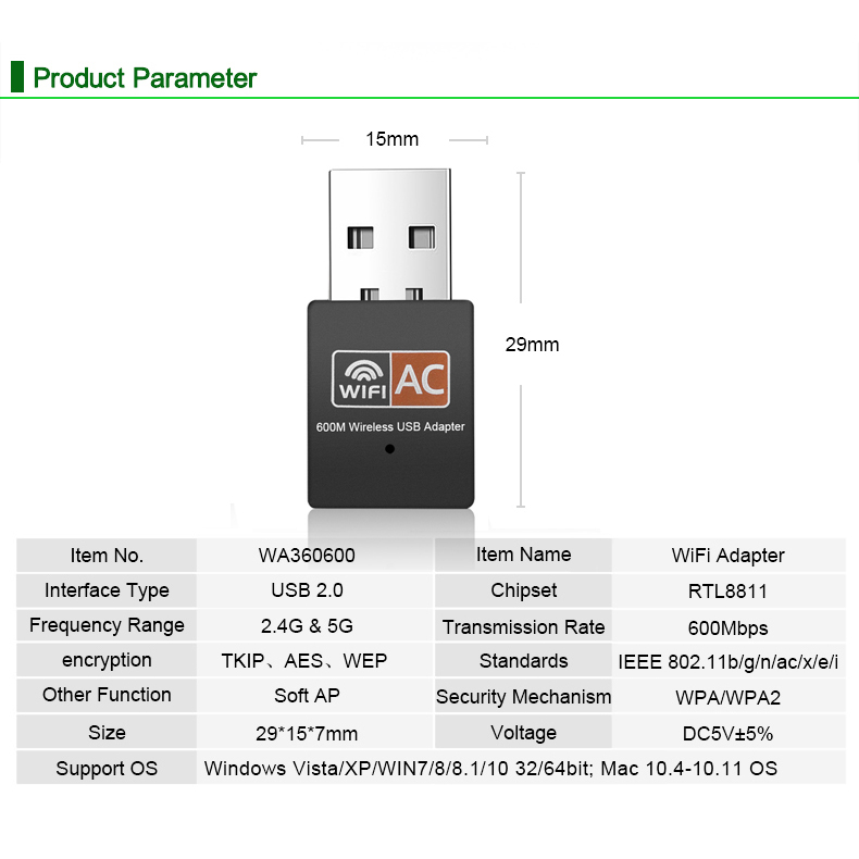 2.4GHz+5GHz Dual Band 600mbps USB Wifi Adapter Wireless Network Card Wireless USB WiFi Adapter wifi Dongle PC Network Card