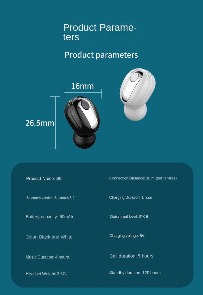 Single S9 Wireless Headphones Bluetooth Earphones With Mic Single in-Ear Sports TWS Earbuds Bluetooth Handsfree Headset