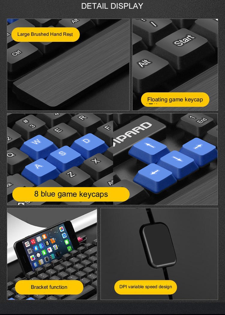 DIVPARD MK-350 Wired USB Holder Keyboard Mouse Game Set Floating Keycap