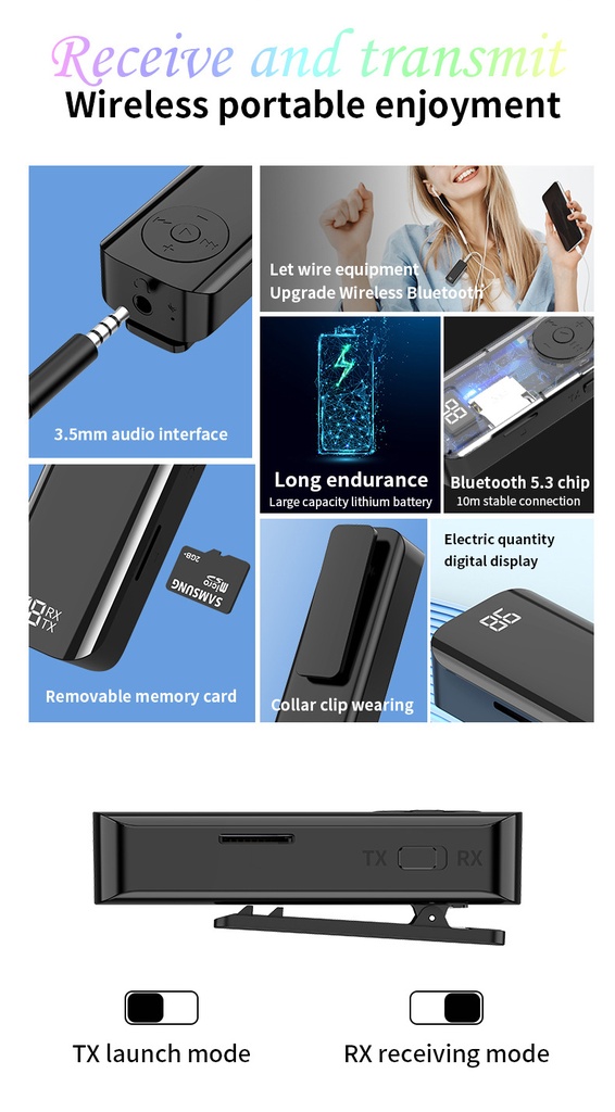 Bluetooth 5.3 Audio Transmitter Receiver 3.5MM AUX Support TF Card With Mic Collar-Clip Wireless Adapter