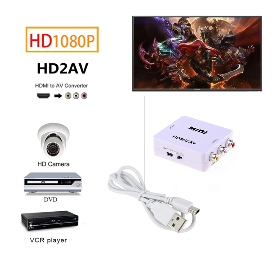 HDMI-compatible TO AV RCA CVSB L/R Video 1080P Scaler Adapter Converter Box HD Video Composite Adapter Support NTSC PAL Output