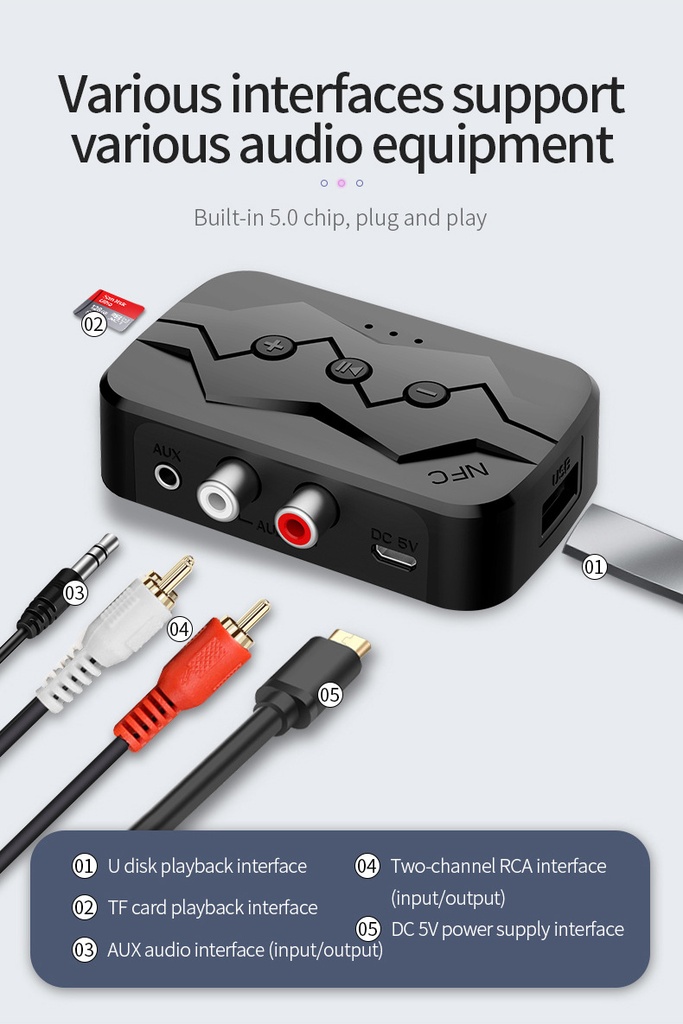 NFC Bluetooth 5.4 Transmitter Receiver SD U Disk RCA 3.5mm AUX Wireless Audio Adapter