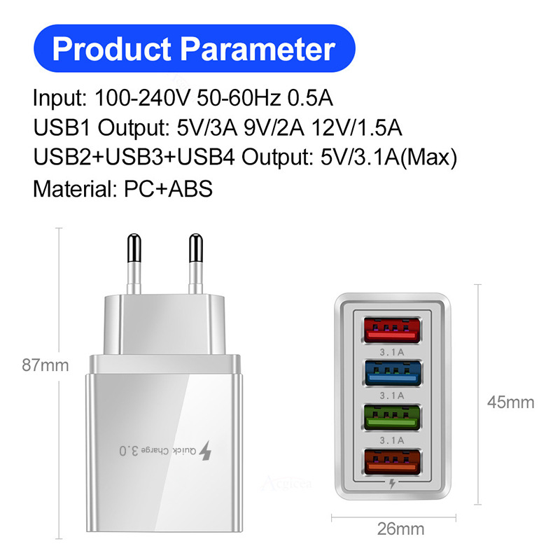 4USB Mobile Phone Charger 3.1A Multi-port Charging Head