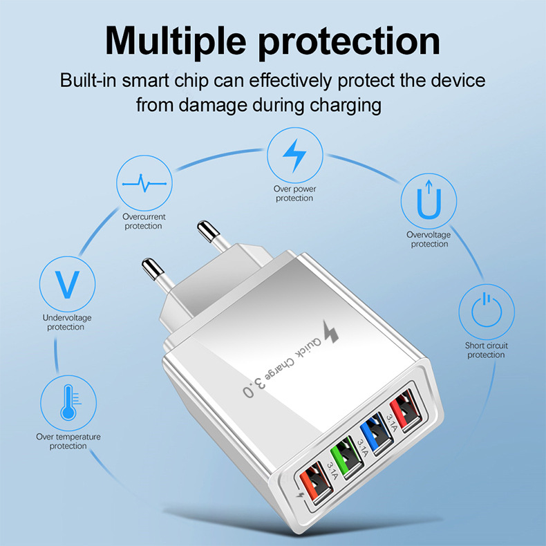 4USB Mobile Phone Charger 3.1A Multi-port Charging Head
