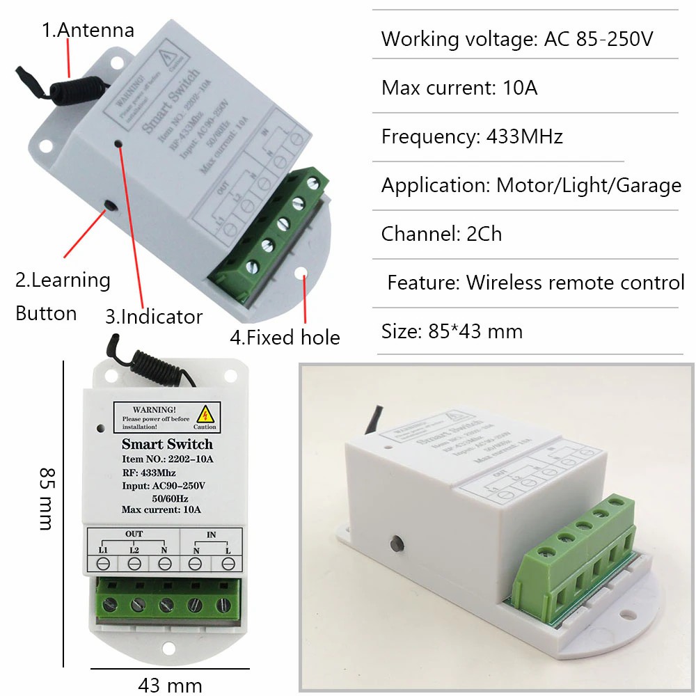 433MHz Rf Universal Remote Control 10A Relay Controller AC 220V 2CH Receiver and Transmitter for AC Motor Light Garage Gate Door